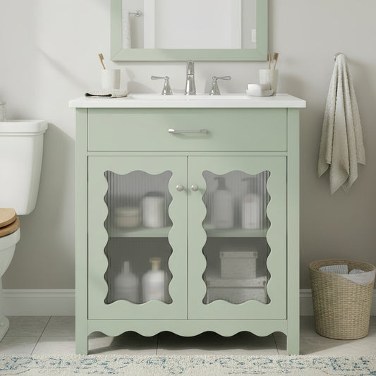 Modern Green Bathroom Vanity with Tempered Glass Doors, Rubber Wood Legs, Soft-Close Hinges, 31"