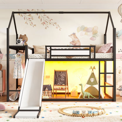 Twin Over Twin Metal Bunk Bed with Slide, LED Clothing Hanging Area, Fabric Storage Shelf & Power Outlet, Childlike Playhouse bunk bed Frame with low-profile design for Kids Girls,boys, Black