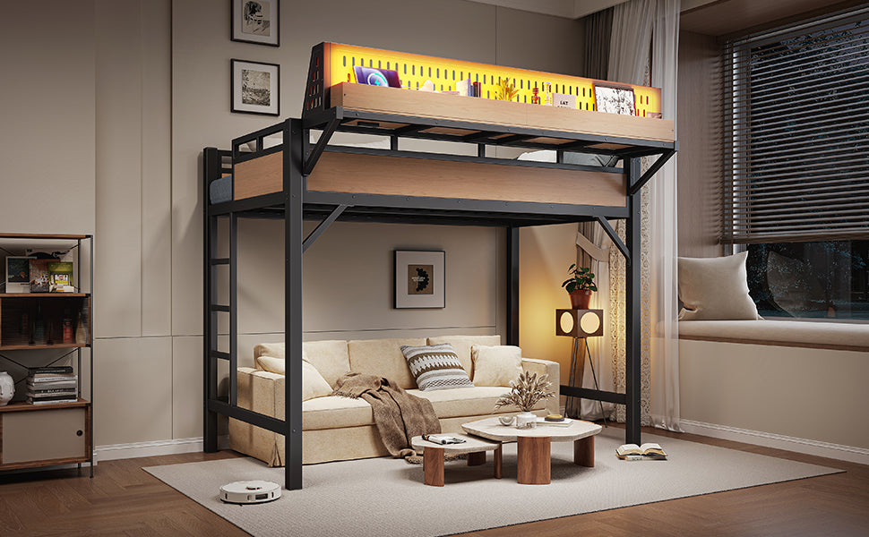 Twin XL size Loft Bed Frame with Storage Shelves and Pegboard, Metal Loft Bed with USB Ports and LED Lights, Safe and Sturdy, Natural