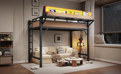 Twin XL size Loft Bed Frame with Storage Shelves and Pegboard, Metal Loft Bed with USB Ports and LED Lights, Safe and Sturdy, Natural