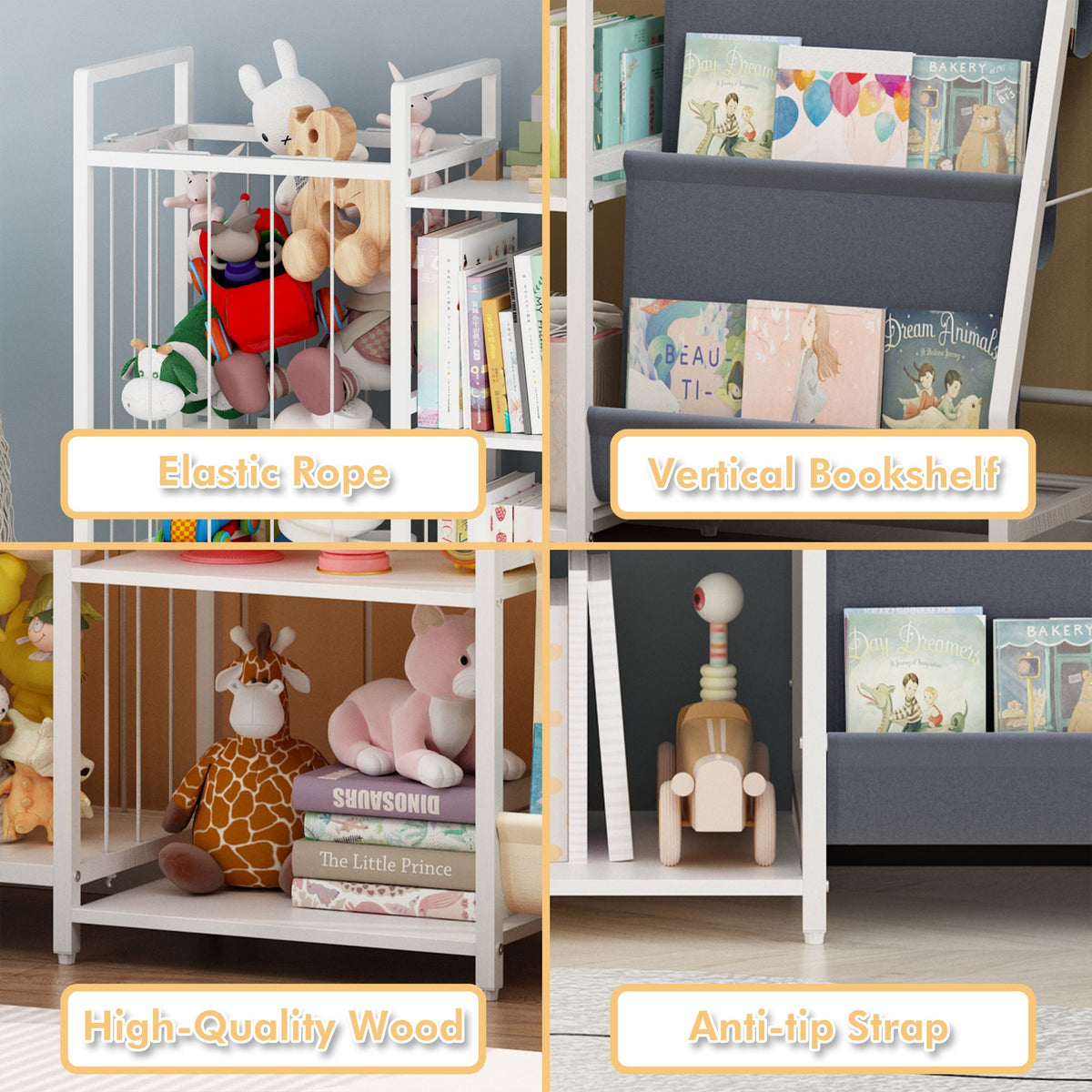 Kids Bookshelf and Toy Storage, 3-in-1 Book Shelf for Kids Rooms, Sling Baby Bookcase with Stuffed Animal Storage, Toddler Montessori Bookshelf for Nursery, Playroom, Kindergarten, Gray