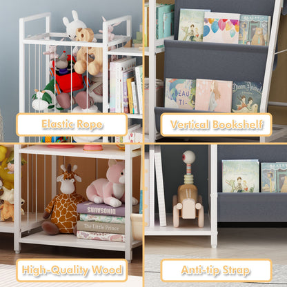 Kids Bookshelf and Toy Storage, 3-in-1 Book Shelf for Kids Rooms, Sling Baby Bookcase with Stuffed Animal Storage, Toddler Montessori Bookshelf for Nursery, Playroom, Kindergarten, Gray