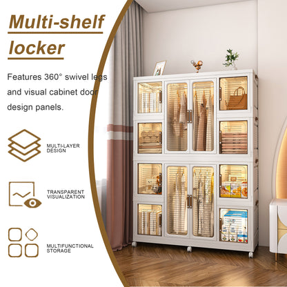Portable Wardrobe Closet Storage Organizer for Clothes with Magnetic Doors, 12 Cubes & 2 Hanging Rods, White