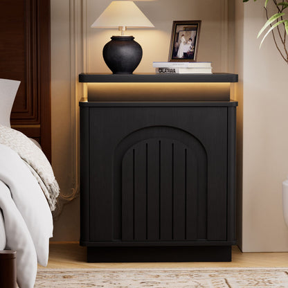 Two-piece nightstand set with arched recesses, storage cabinets with LED lighting, ample storage space, and magnetic push-to-open doors; suitable for bedrooms, living rooms, and offices; Black