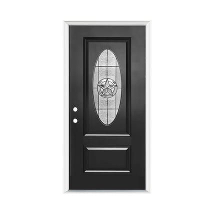 36"x80" Fiberglass Front Door with White 4-9/16" PVC Frame,Right-Hand Inswing Exterior Door with Brickmould,Brushed Smooth skin with Oval Decorated glass for Home Entrance, Black