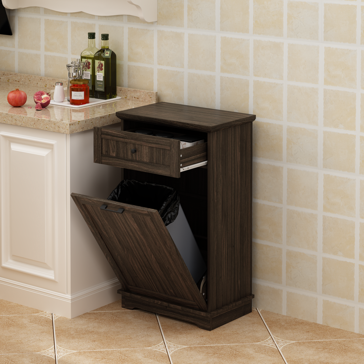 10 Gallon Tilt Out Trash Cabinet Freestanding Trash Bin Cabinet Wood Garbage Recycling Cabinet with Hideaway Drawer Pet Proof Trash Can Holder for Kitchen Living Room, Antique Brown (not include can)