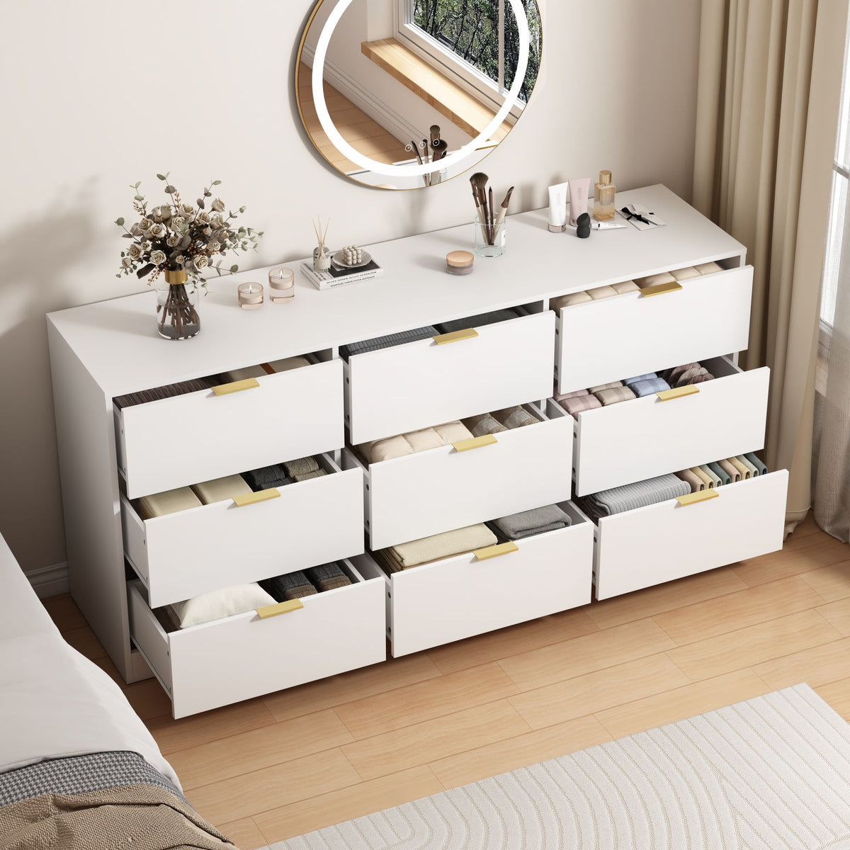 White 9 Drawer Dresser, 63" Large Deep Chest of Drawers, Wooden Dresser Storage Cabinet with 9 Drawers, Long Dressers – Model W409S00015