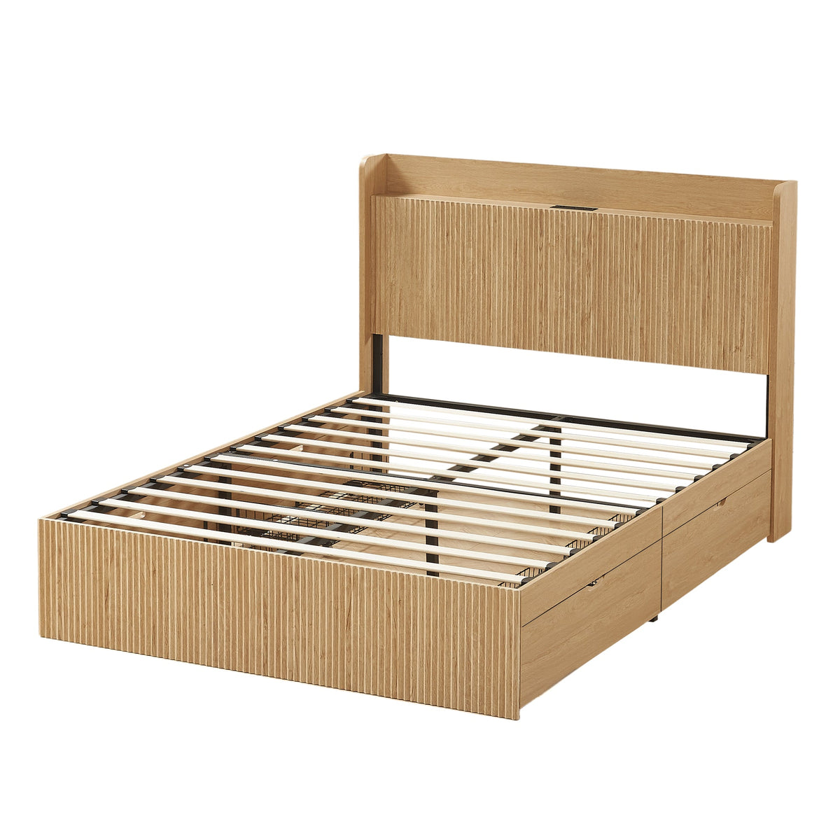 Queen Size Platform Bed Frame with 4 Storage Drawers and Built-in Charging Station, Wooden Storage Box Bed, Large Capacity Organizer Bed Frame for Bedroom,Natural