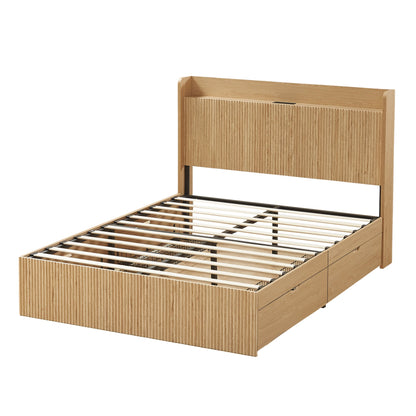 Queen Size Platform Bed Frame with 4 Storage Drawers and Built-in Charging Station, Wooden Storage Box Bed, Large Capacity Organizer Bed Frame for Bedroom,Natural