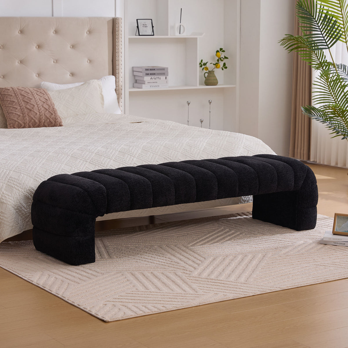 69.7"Wide Modern Upholstered Armless Bed Bench, Channel Tufted Couch Daybed Chaise, Chenille Ottoman Foot Stool for Living Room and Bedroom, Entryway, Black