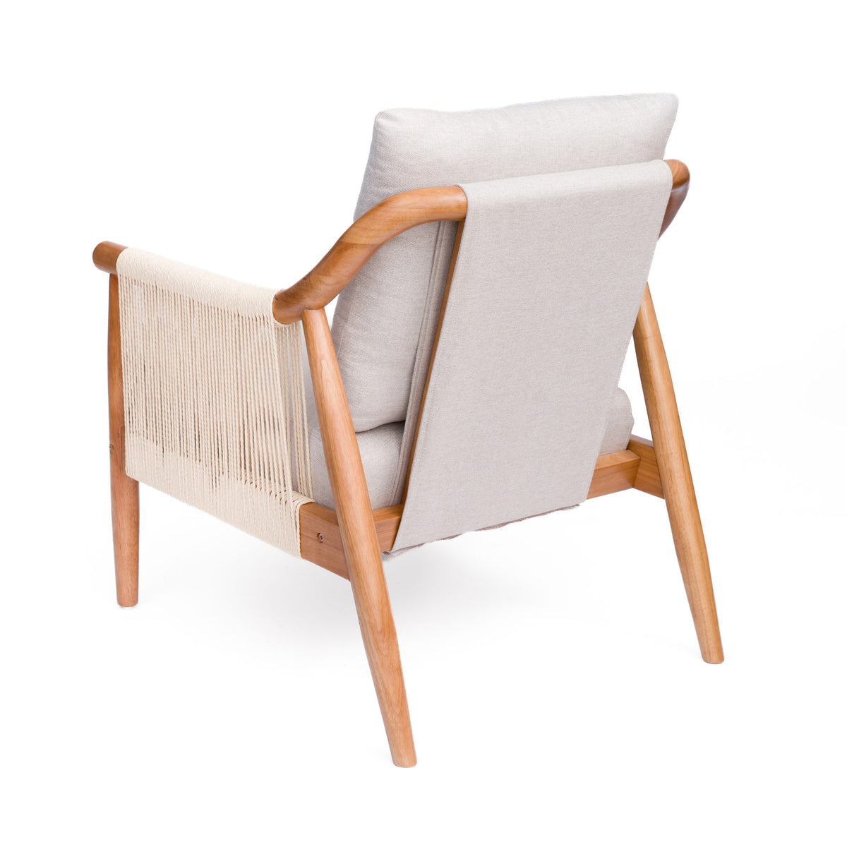 Accent Chair, Solid Hardwood Frame with Hand-Woven Paper Rope Arm, Mid-Century Modern Armchair with Soft Linen-Blend Cushion, Natural Wood Finish for Living Room, Bedroom, Reading Nook, Entryway