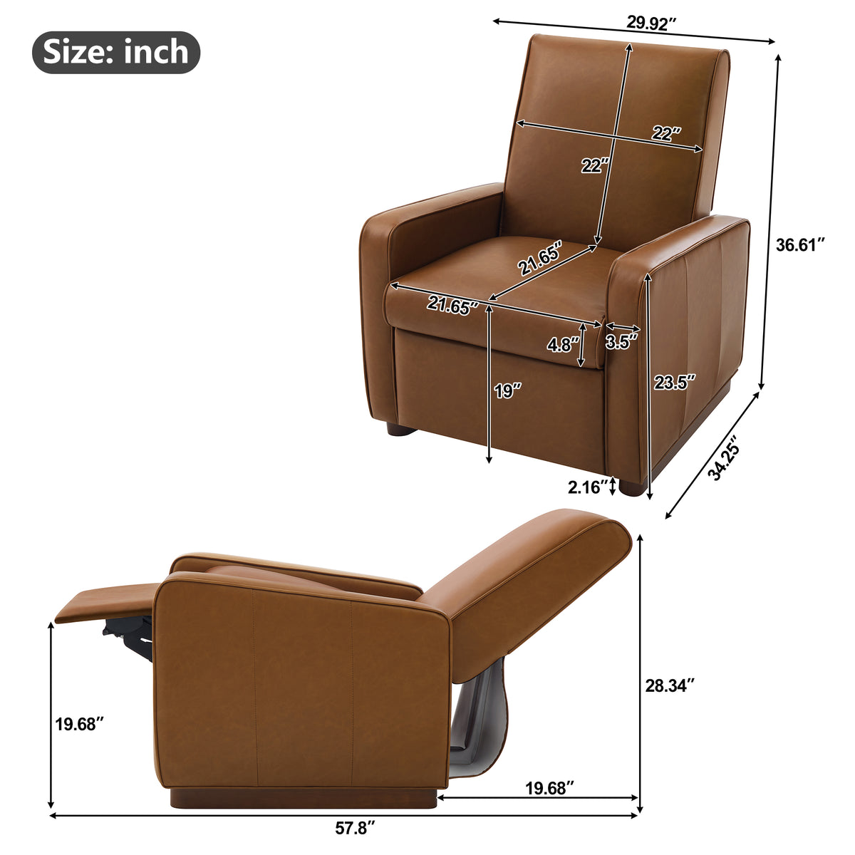 Modern Manual Recliner Chair PU Upholstered 2-Position Recliner with 160° Adjustable Backrest & Walnut Rubber Wood Legs for Living Room, Bedroom and Home Theater, Orange