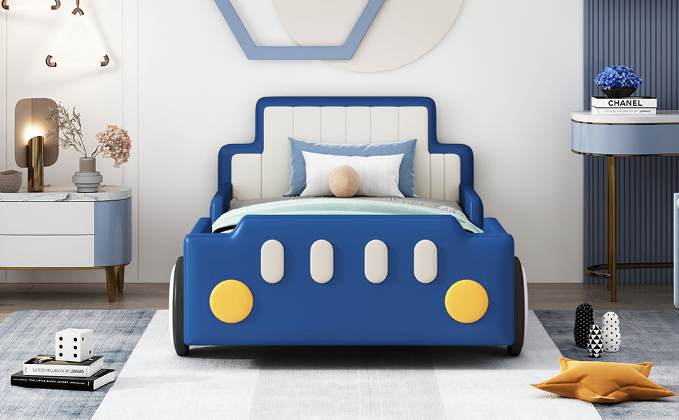 Twin Size Race Car-Shaped Platform Bed with Wheels,Blue