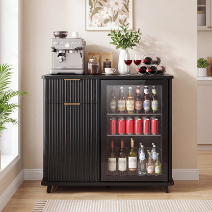 Fluted Coffee Bar Cabinet with Mini Fridge Space & Charging Station, Home Bar Cabinet with Hidden Trash Can Storage & Drawer for Kitchen, Dining Room or Living Room,Black
