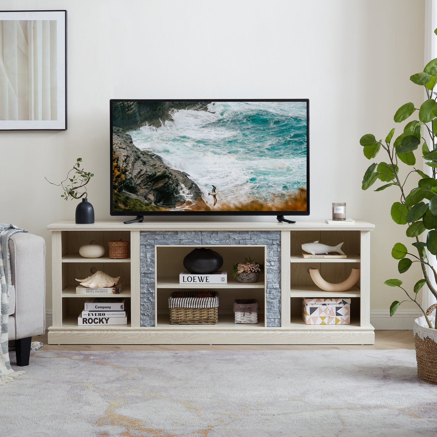 Large TV Desk Storage Rack with Faux Stacked Stone Surround,Media Console Table with Large Storage Cabinet,Modern TV Media Entertaionment Stand,WHITE, 70.12'W*15.35'D*25.83'H