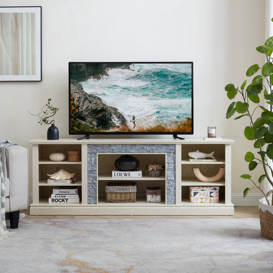 Large TV Desk Storage Rack with Faux Stacked Stone Surround,Media Console Table with Large Storage Cabinet,Modern TV Media Entertaionment Stand,WHITE, 70.12'W*15.35'D*25.83'H