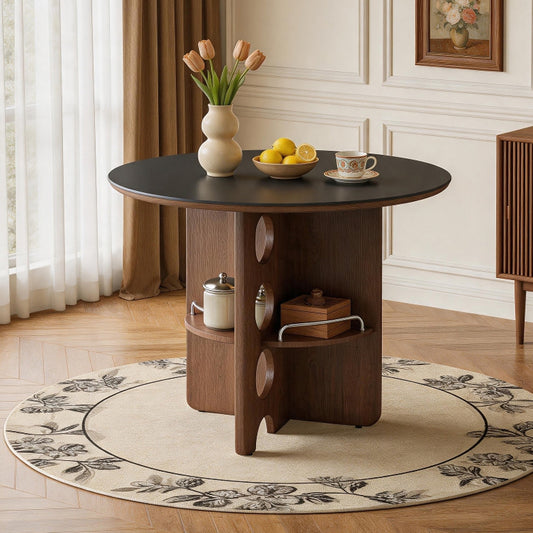 Medieval-style black Sintered Stone round dining table with storage compartments, walnut color MDF legs. Suitable for a home dining room, for a family of 2 to 4 people. Double-layered tabletop.