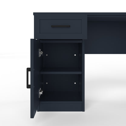 L-Shaped Computer Desk with 2 Cabinets and 2 Drawers, 11 Open Shelves and 1 Right Flip Shelf with Storage, with Power Outlet, Antique Blue