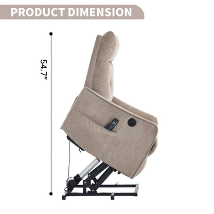 Khaki Chenille Single Motor Power Lift Recliner Chair with Massage and Heat for Elderly, Heavy Duty Motion Mechanism and One USB for Charging, Max Reclining Angle 155°