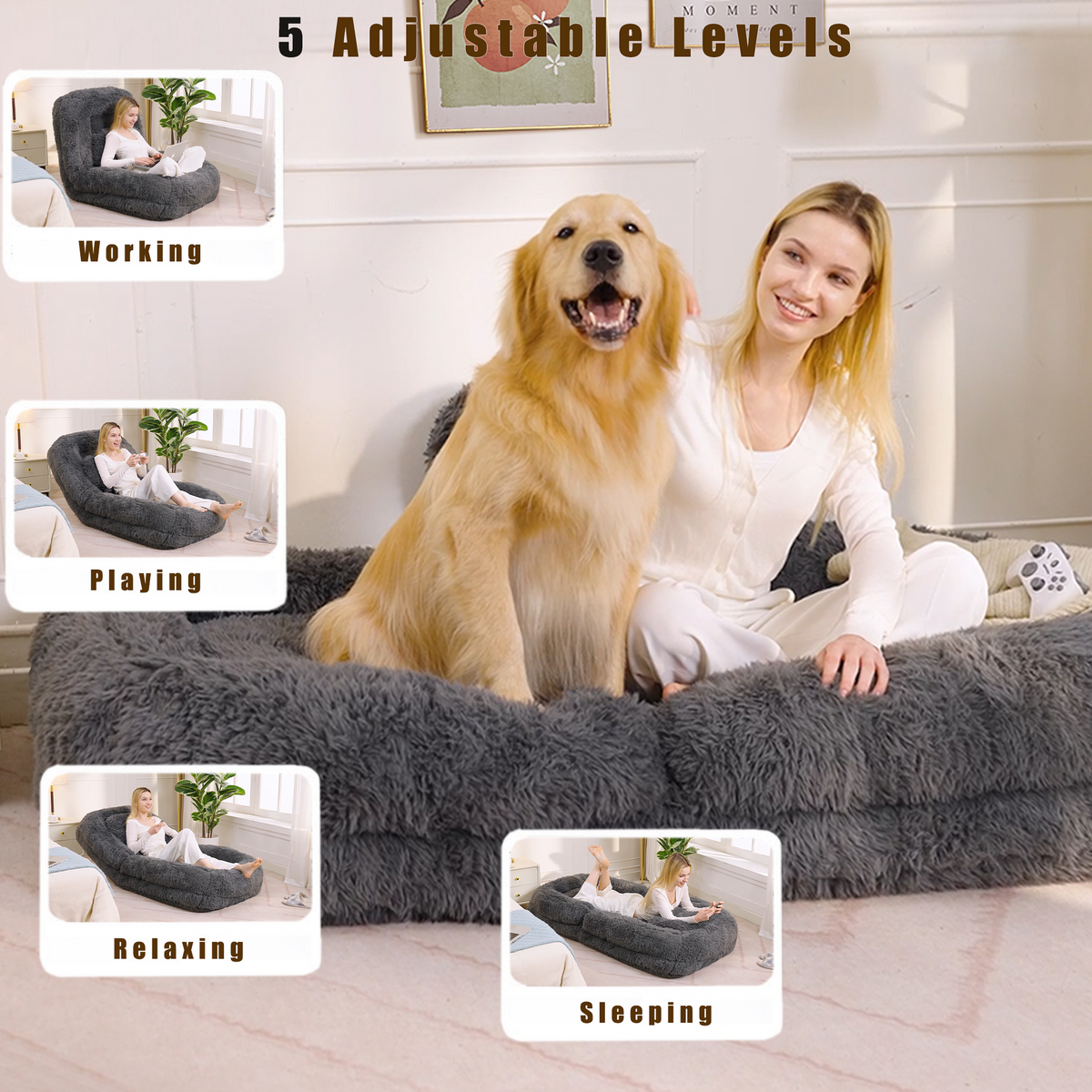 [NEW ARRIVED] [VIDEO PROVIDED] Human Dog Bed,Lazy Sofa,5-Position Adjustable Convertible,Floor Gaming Chair,bedroom, living room,Suitable for gaming, meditation,relaxation,Plush Fabric,Dark Gray