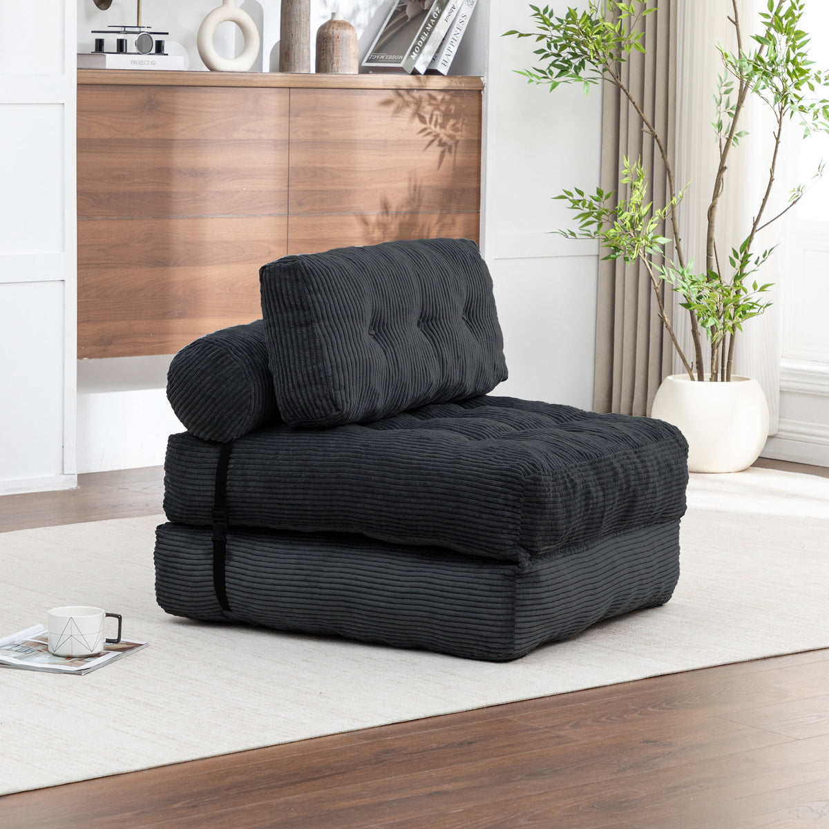 Folding Sofa Bed, Convertible Sleeper Chair with Pillow Foldable Mattress with Back Support, Portable Fold Out Chair Bed Comfy Floor Sofa Lounge for Living Room Bedroom, Black , Single