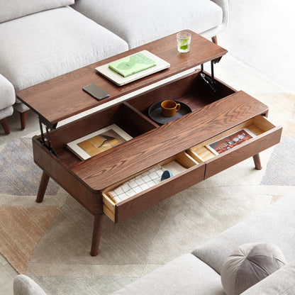 Elevating Center Table Low Table 100% Solid Oak Wood Top Plate Desk Coffee Table Width 100 x Depth 60 x Height 45 cm Study Desk Work From Home Easy To Assemble Walnut Color Wood With Storage Shelf