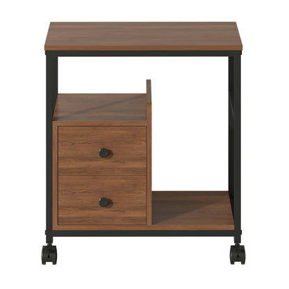 End Table with Wheels & Storage Drawers, Side Table,  Nightstand, Stable Metal Frame, Wood Top, for Bedroom Kitchen Living Room and Office, 14.9"D x 23.6"W x 25.7"H