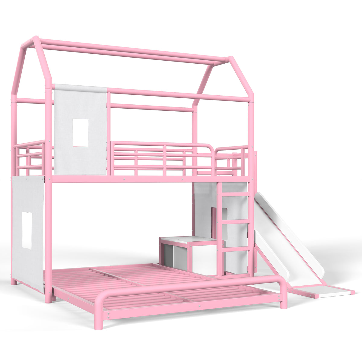 Twin over Full Playhouse Metal Bunk Bed with Slide & Ladder, House Shaped Bunk Bed with LED Light Strip, Privacy Curtain, Movable Storage Cabinet and Hanging Rod, Twin over Full Kids Bunk Bed , Pink