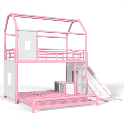 Twin over Full Playhouse Metal Bunk Bed with Slide & Ladder, House Shaped Bunk Bed with LED Light Strip, Privacy Curtain, Movable Storage Cabinet and Hanging Rod, Twin over Full Kids Bunk Bed , Pink
