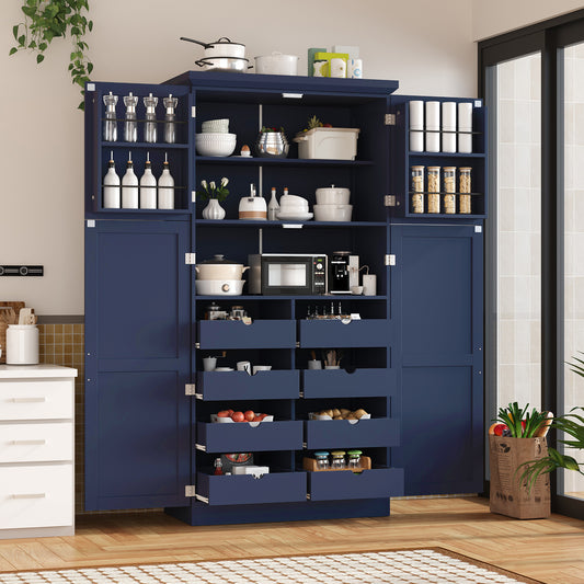 [Assembly Video Provided] TOPMAX 35.5x17.6x70.9inch Freestanding Kitchen Pantry Cabinet, Tall Storage Cabinet with 4 Doors, 2 Door Shelves, 8 Pull-out Trays and Adjustable Shelf for Dining Room, Blue