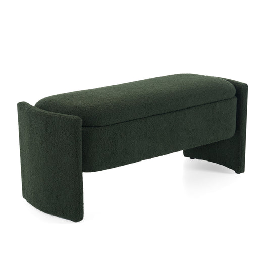 Elegant Long-shaped Storage Ottoman Bench, Boucle Material, Dark Green, Simple and Grand Design