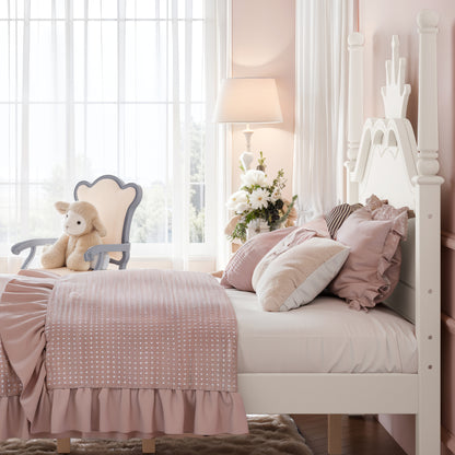 Full Size Crown Shaped Platform Bed, Four Poster Stylish Wooden Bed Frame, Elegant Curved Headboard Bed Frame For Bedroom,Beige