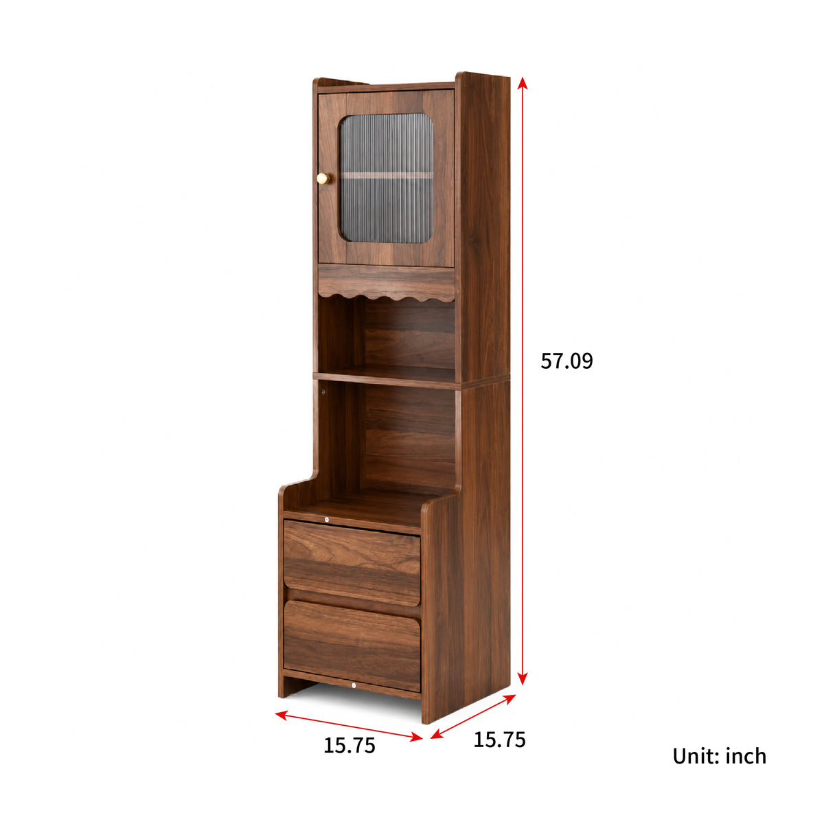 Tall Nightstand with  Glass Door, Mid-Century Modern Bedside Table with Open Shelves and 2 Drawers, Walnut Wood Night Stand & Bookshelf for Bedroom, Living Room