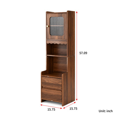 Tall Nightstand with  Glass Door, Mid-Century Modern Bedside Table with Open Shelves and 2 Drawers, Walnut Wood Night Stand & Bookshelf for Bedroom, Living Room