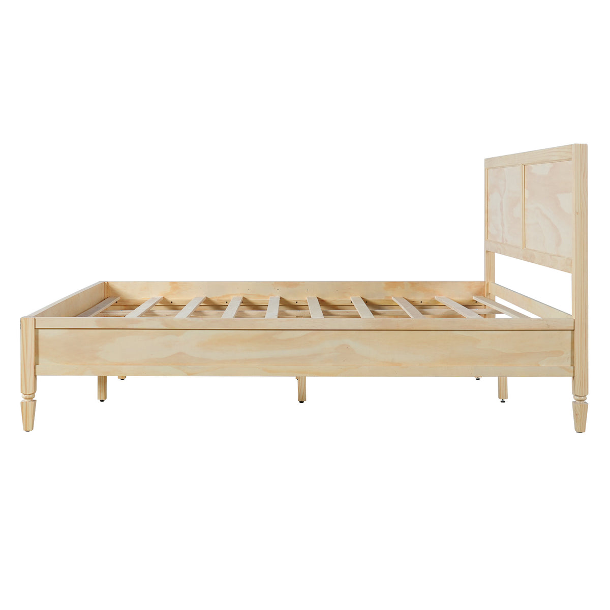King Size Wood Platform Bed Frame with Classic Panel Headboard, Natural Finish, Solid Wood and MDF Construction, 10 Wooden Slats, No Box Spring Needed