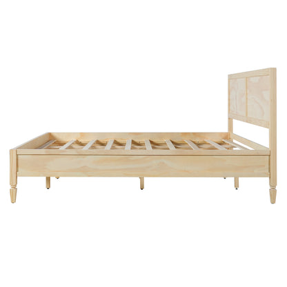 King Size Wood Platform Bed Frame with Classic Panel Headboard, Natural Finish, Solid Wood and MDF Construction, 10 Wooden Slats, No Box Spring Needed