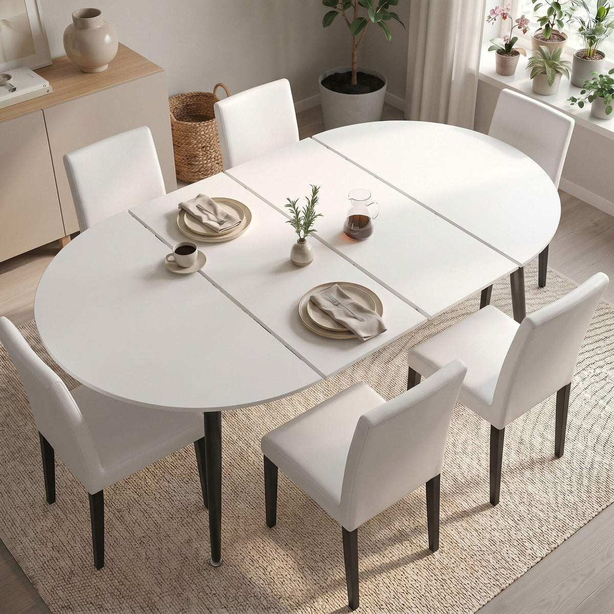 Pull table dining chair set, white medium density fiberboard tabletop with black metal table legs, extendable pull table+6 modern Mid-Century Modern Dining Chairs