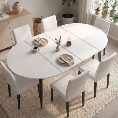 Pull table dining chair set, white medium density fiberboard tabletop with black metal table legs, extendable pull table+6 modern Mid-Century Modern Dining Chairs