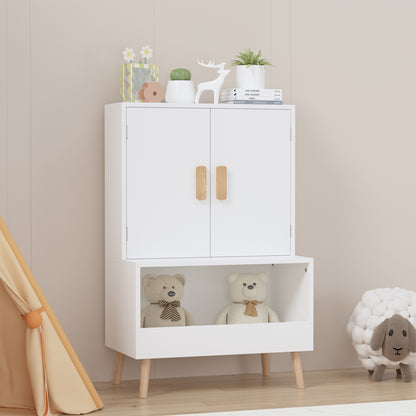 Kids Toy Storage Cabinet with Doors and Open Shelf, White Modern Wooden Organizer with Natural Wood Legs, Toddler Bookshelf