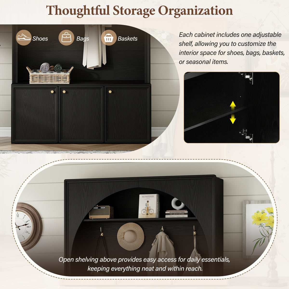 ON-TREND Farmhouse All-in-One Hall Tree with Adjustable Shelves, Retro Arched Entryway Storage Bench with 3 Cabinets – Black