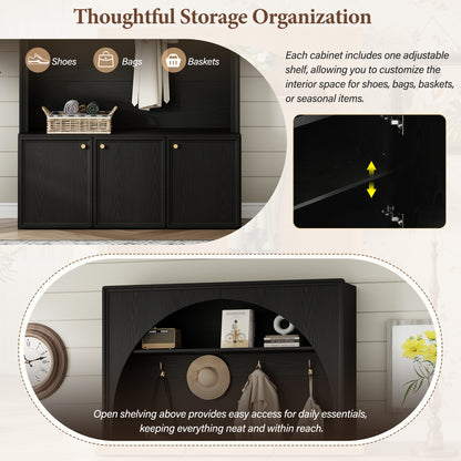 ON-TREND Farmhouse All-in-One Hall Tree with Adjustable Shelves, Retro Arched Entryway Storage Bench with 3 Cabinets – Black