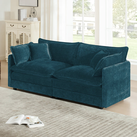 Modern Fabric Loveseat Sofa Couch, Upholstered Large Size Deep Seat 2-Seat Sofa with 4 Pillows, Blue Chenille