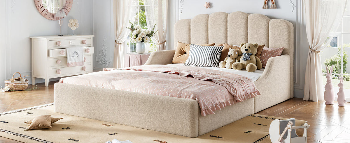 Queen Teddy Fabric Upholstered Floor bed, Stylish Upholstered Kids bed, Low Profile Children Bed Frame, Soft Plush Upholstered Floor bed for Kids &Teens.Beige