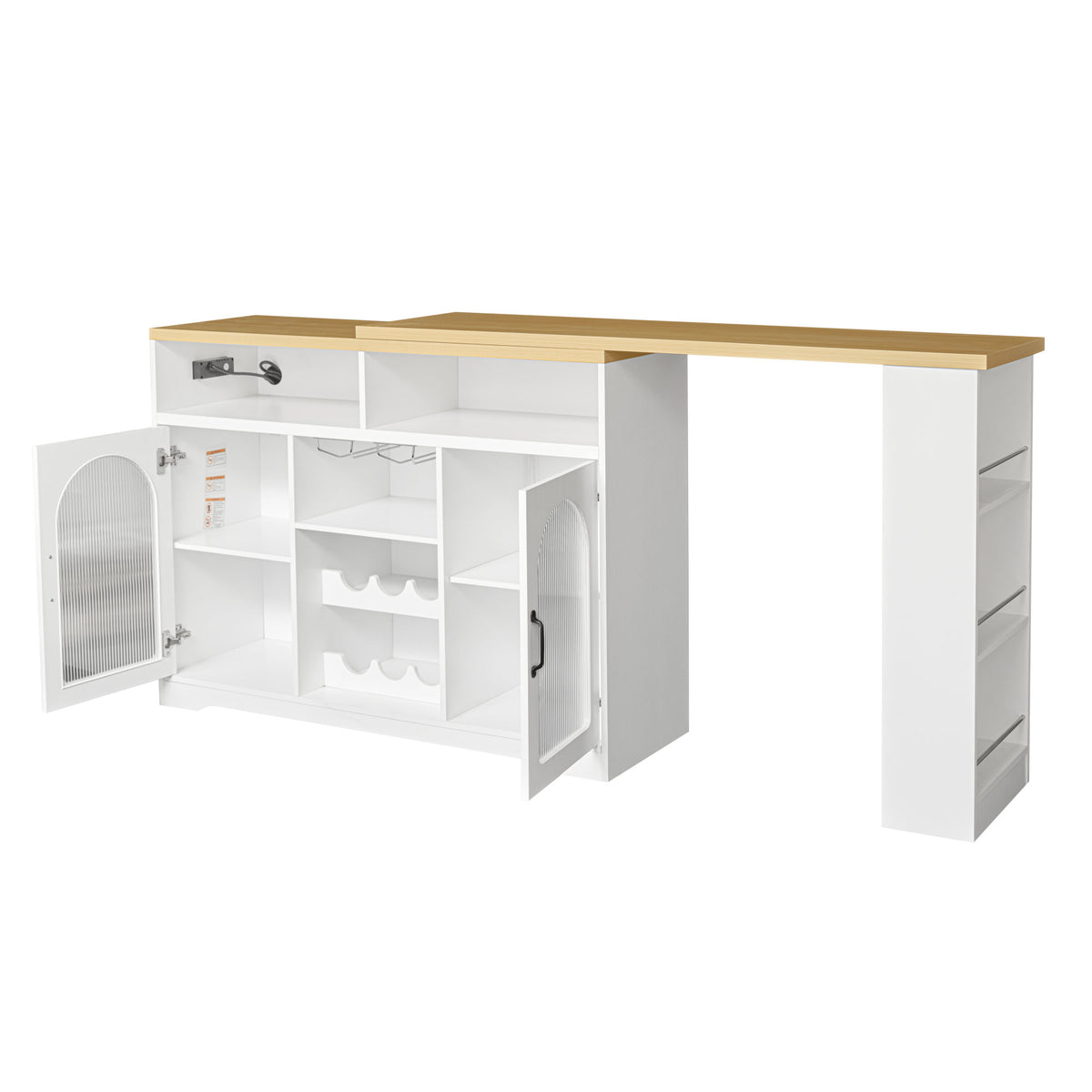 U_STYLE Sideboard with Extendable Tabletop and Wine Rack, Counter Height Bar Table with Color LED Lighting and Left-side Power Outlet, Mobile Farmhouse Wine Cabinet Cart on Wheels (Chairs Not Included