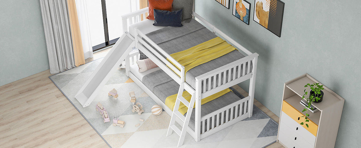 White Twin over Twin Bunk Bed with Convertible Slide and Ladder, Pine Wood, 79.1''L x 42.1''W x 49.4''H