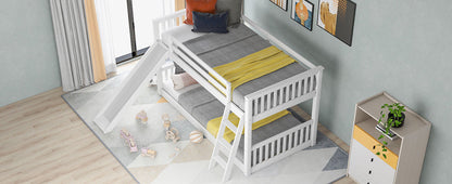 White Twin over Twin Bunk Bed with Convertible Slide and Ladder, Pine Wood, 79.1''L x 42.1''W x 49.4''H