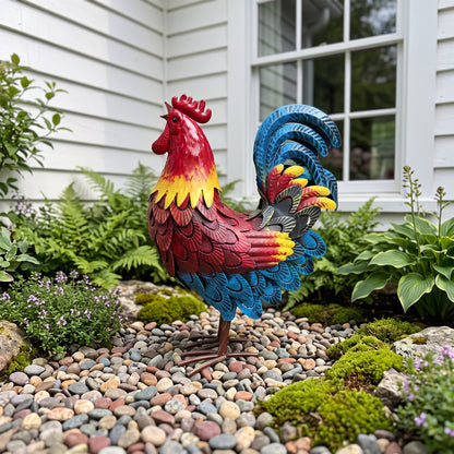Wrought-iron rooster garden statue, metal rooster sculpture, ideal for landscape decoration and as a focal point for outdoor lawns, farms, and backyards.