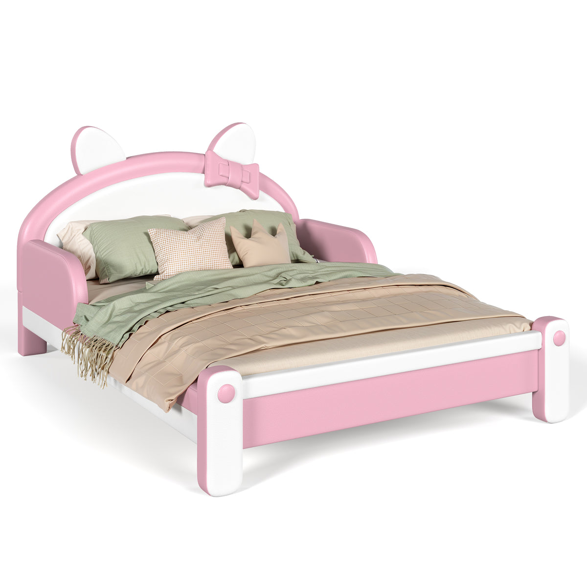 Full Cute Cat Shaped Upholstered Kids Platform Bed, Princess Style Low Profile Children Bed Frame for Bedroom,white&Pink