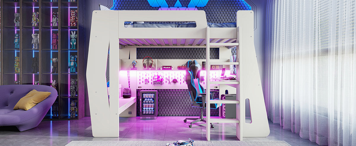 Twin/Full Size Gaming Loft Bed, All-in-One Gaming Bed with Desk, Gaming Bed with Storage, Gaming Loft Bed with Led Light, Esports Style Loft Bed Frame for Teens, Space Saving Loft bed.Beige