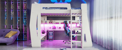Twin/Full Size Gaming Loft Bed, All-in-One Gaming Bed with Desk, Gaming Bed with Storage, Gaming Loft Bed with Led Light, Esports Style Loft Bed Frame for Teens, Space Saving Loft bed.Beige